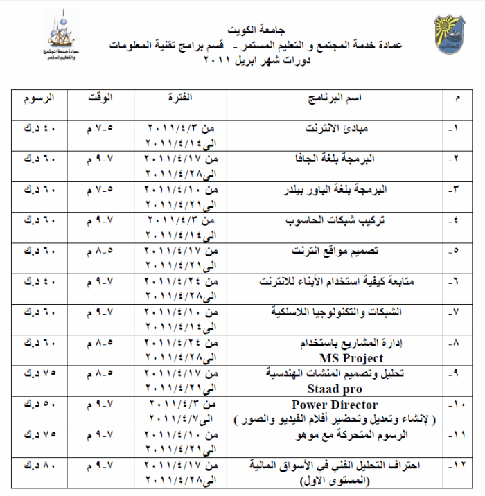 جدول دورات جامعة الكويت (عمادة خدمة المجتمع والتعليم المستمر – قسم برامج تقنية المعلومات) لشهر ابريل 2011