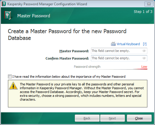 إدخال كلمة  المرور الرئيسية عند تشغيل التطبيق لأول مرة