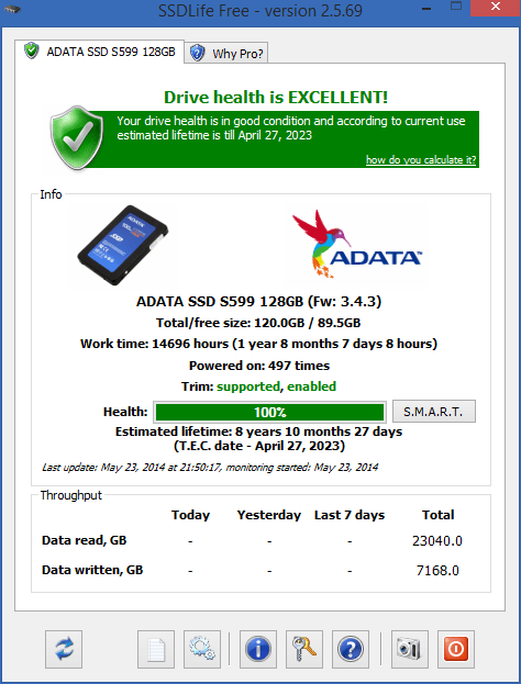 تجربتي لتطبيق SSD Life، وتظهر بالصورة حالة SSD الذي أستخدمه من شركة ADATA